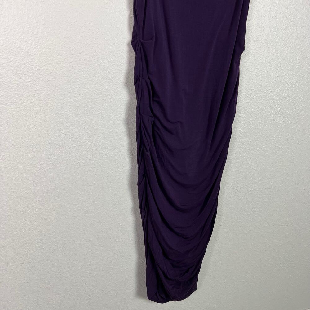 Theory Purple Cowl Neck Ruched Side Body Con Midi Dress Size Medium - Picture 3 of 11